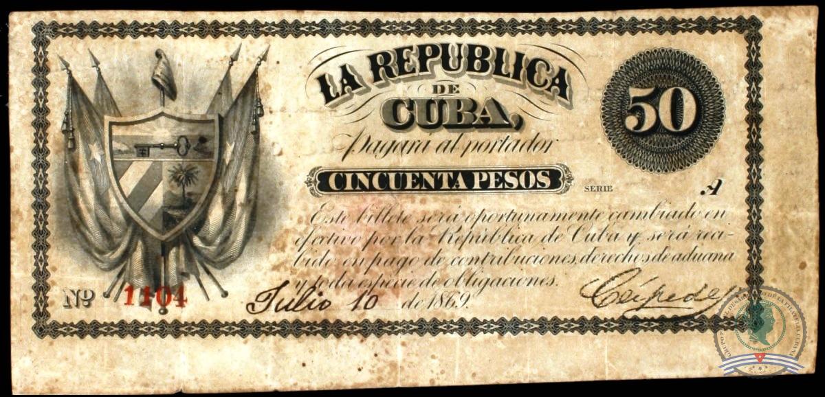1869. Emisión de papel moneda de la República de Cuba en Armas. (5) 50 pesos