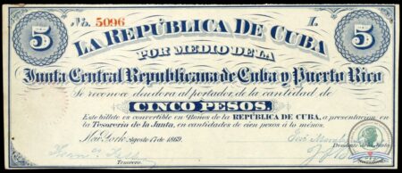 1869. Emisión de papel moneda de la Junta Central Republicana de Cuba y Puerto Rico. (2) 5 pesos