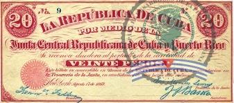 1869. Emisión de papel moneda de la Junta Central Republicana de Cuba y Puerto Rico. (4) 20 pesos