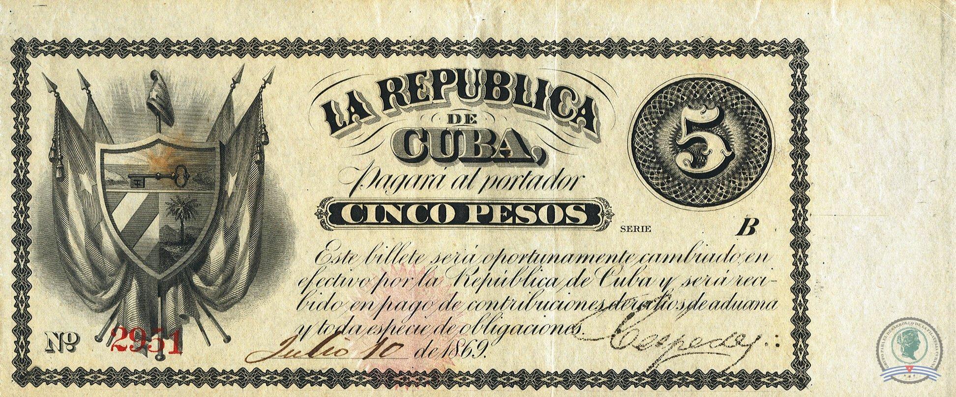 1869. Emisión de papel moneda de la República de Cuba en Armas. (3) 5 pesos