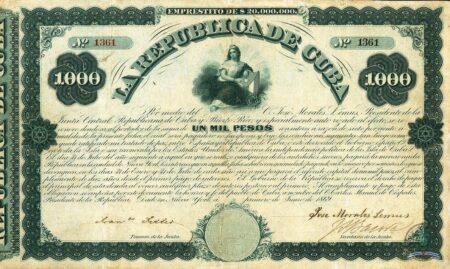 1869. Republica de Cuba en Armas. Bono de 1000$.