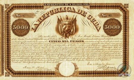 1869. Republica de Cuba en Armas. Bono de 5000$.