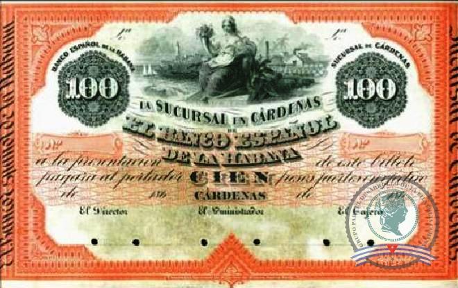 1869. Emisión de papel moneda del Banco Español de la Habana. Sucursal de Cárdenas (5). 100$.