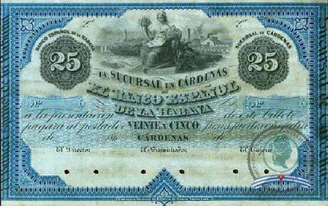1869. Emisión de papel moneda del Banco Español de la Habana. Sucursal de Cárdenas (3). 25$.