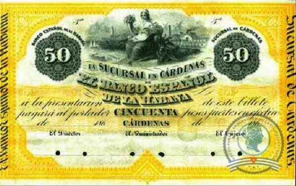 1869. Emisión de papel moneda del Banco Español de la Habana. Sucursal de Cárdenas (4). 50$.
