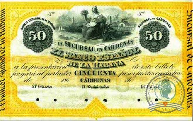 1869. Emisión de papel moneda del Banco Español de la Habana. Sucursal de Cárdenas (4). 50$.