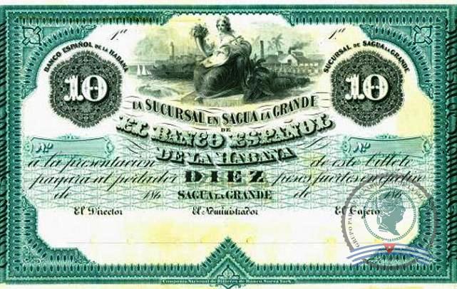 1869. Emisión de papel moneda del Banco Español de la Habana. Sucursal de Sagua la Grande (2) 10$