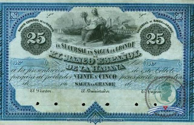 1869. Emisión de papel moneda del Banco Español de la Habana. Sucursal de Sagua la Grande (3) 25$