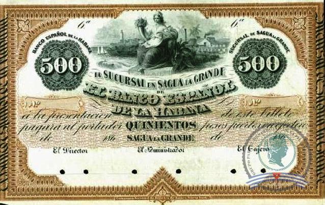 1869. Emisión de papel moneda del Banco Español de la Habana. Sucursal de Sagua la Grande (7) 500$