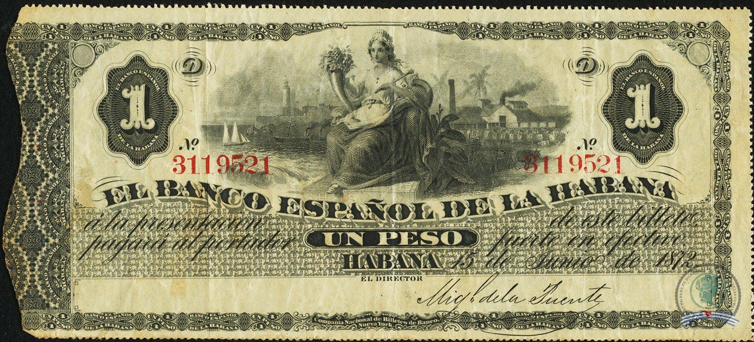 1872. Emisión de papel moneda del Banco Español de la Habana (05). 1 peso