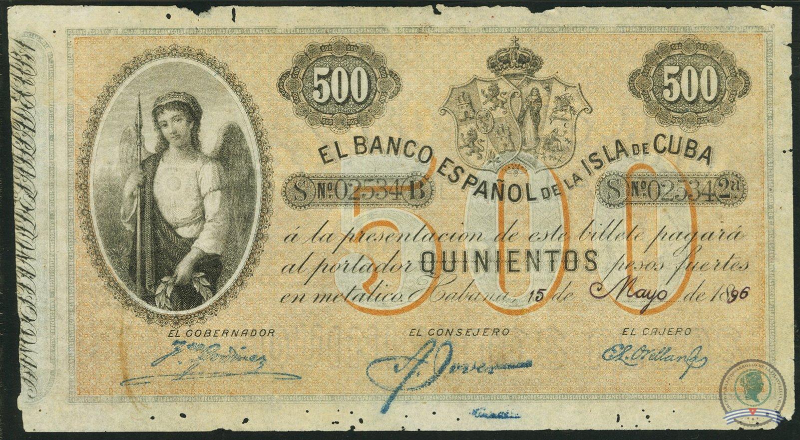 1896. Emisión de papel moneda del Banco Español de la Isla de Cuba (9). 500 pesos