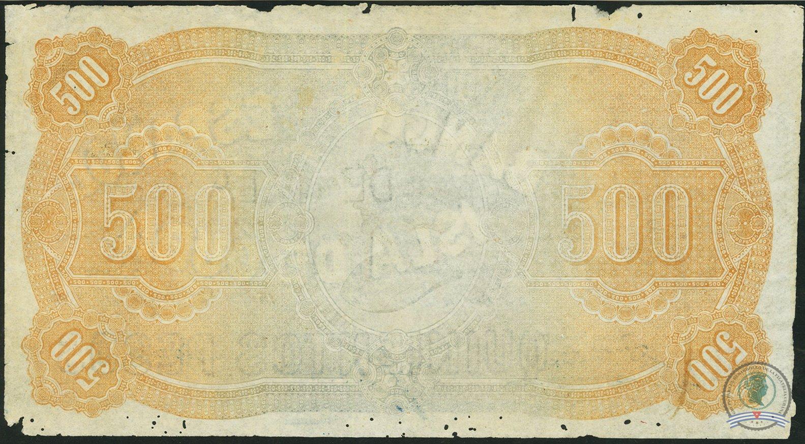 1896. Emisión de papel moneda del Banco Español de la Isla de Cuba (9). 500 pesos - Imagen 2