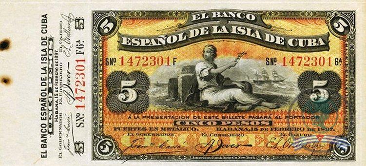 1897. Emisión de papel moneda del Banco Español de la Isla de Cuba (3). 5 pesos