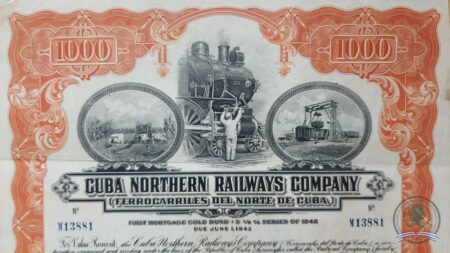 Cuba Northen Railways Co. Bono de 100$. 1927.