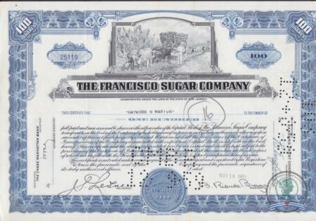 Francisco Sugar Company. Bono de 100 acciones. 1959.