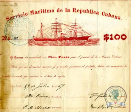1869. Servicio Marítimo de la Republica de Cuba. Bono de 100$