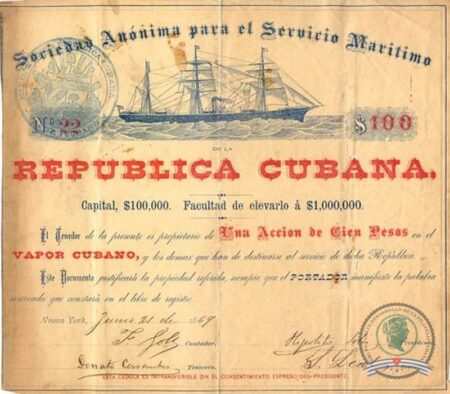 1869. Sociedad Anónima del Servicio Marítimo de la Republica de Cuba. Bono de 100$. Vapor Cubano