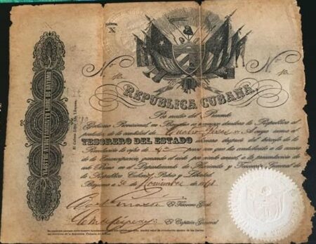 1868. Bonos de fantasía del Tesoro del Estado Libre de Bayamo.